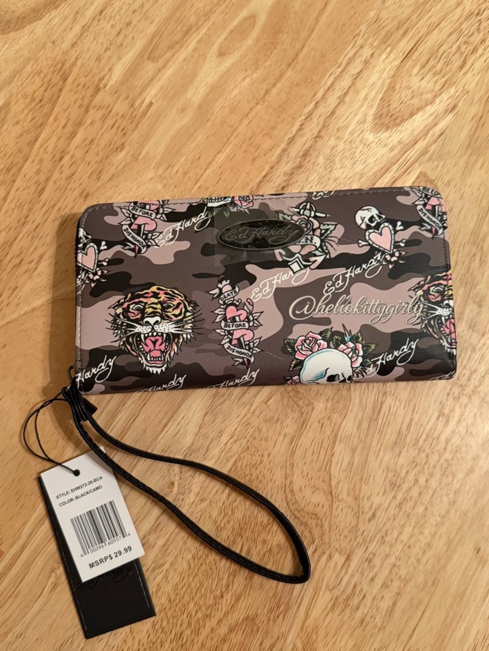 Ed Hardy Pink and Cream Camo Zip-Around Wristlet Wallet
